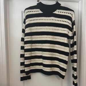 H&M Black and Cream Striped Crewneck Sweater
